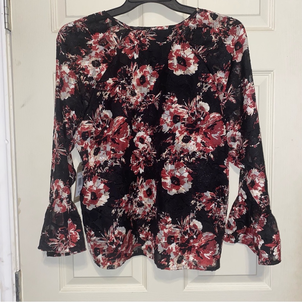 Frye & Co Women’s Black Floral Print Sheer Blouse Bell Sleeves Size XL NWT